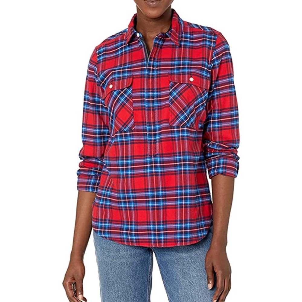 J. Crew Mercantile Plaid Shirt Jacket Shacket 1/2 Zip Pullover Size XS EUC L1001